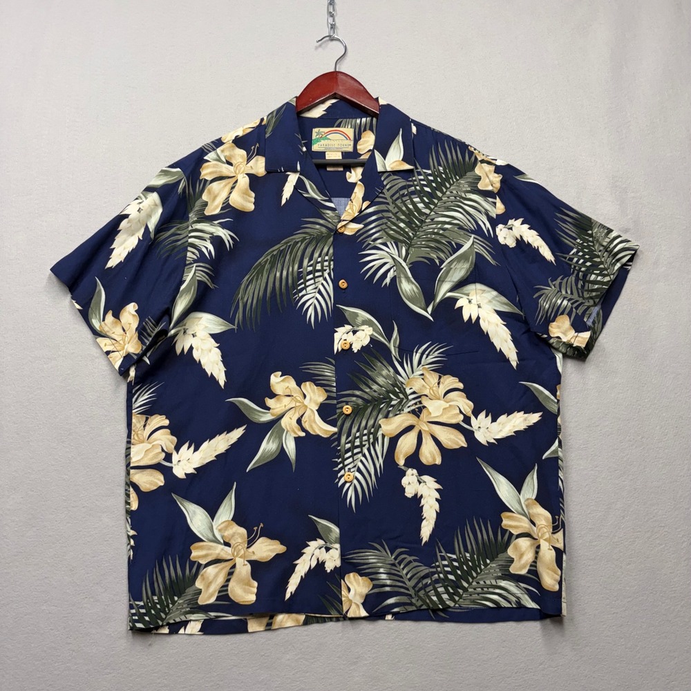 Paradise Found Hawaiian Shirt Mens Large Navy Floral Vintage 90s Rayon Hawaii